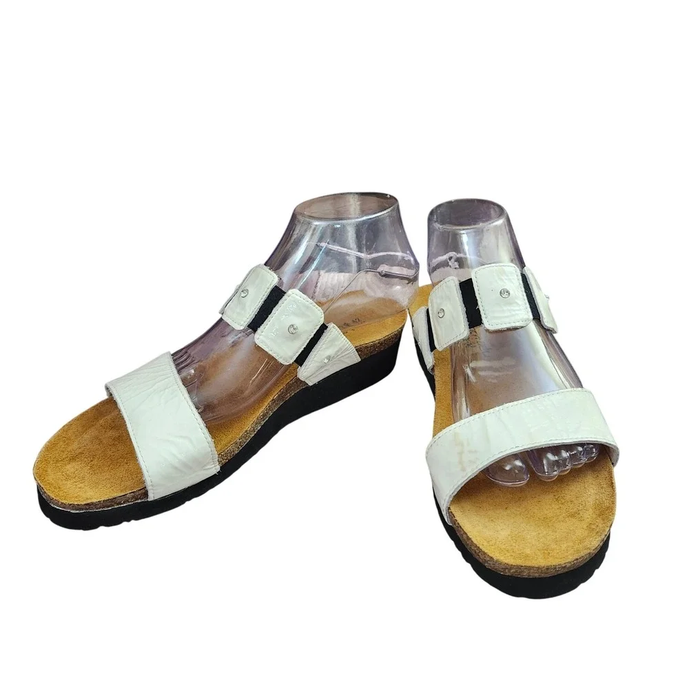 Naot White Leather Rhinestone Wedge Slide Sandals Womens 42 L11 Comfort Summer